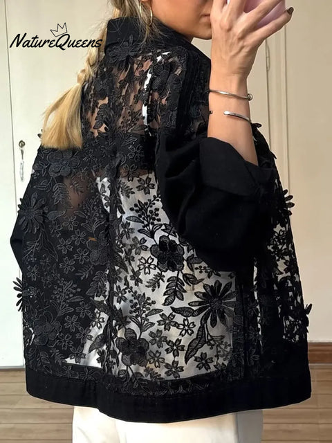 Women's Casual Lace-Patch Denim Jacket