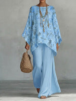 Casual Two-piece Set: Floral-print Linen & Cotton Top And Solid-color Trousers