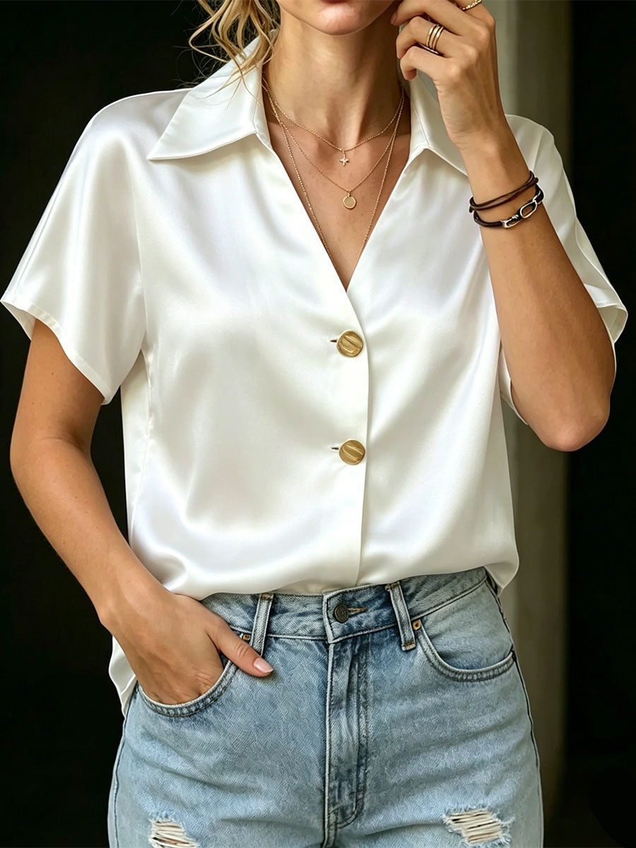 Women's White Satin V-neck Short-sleeve Shirt