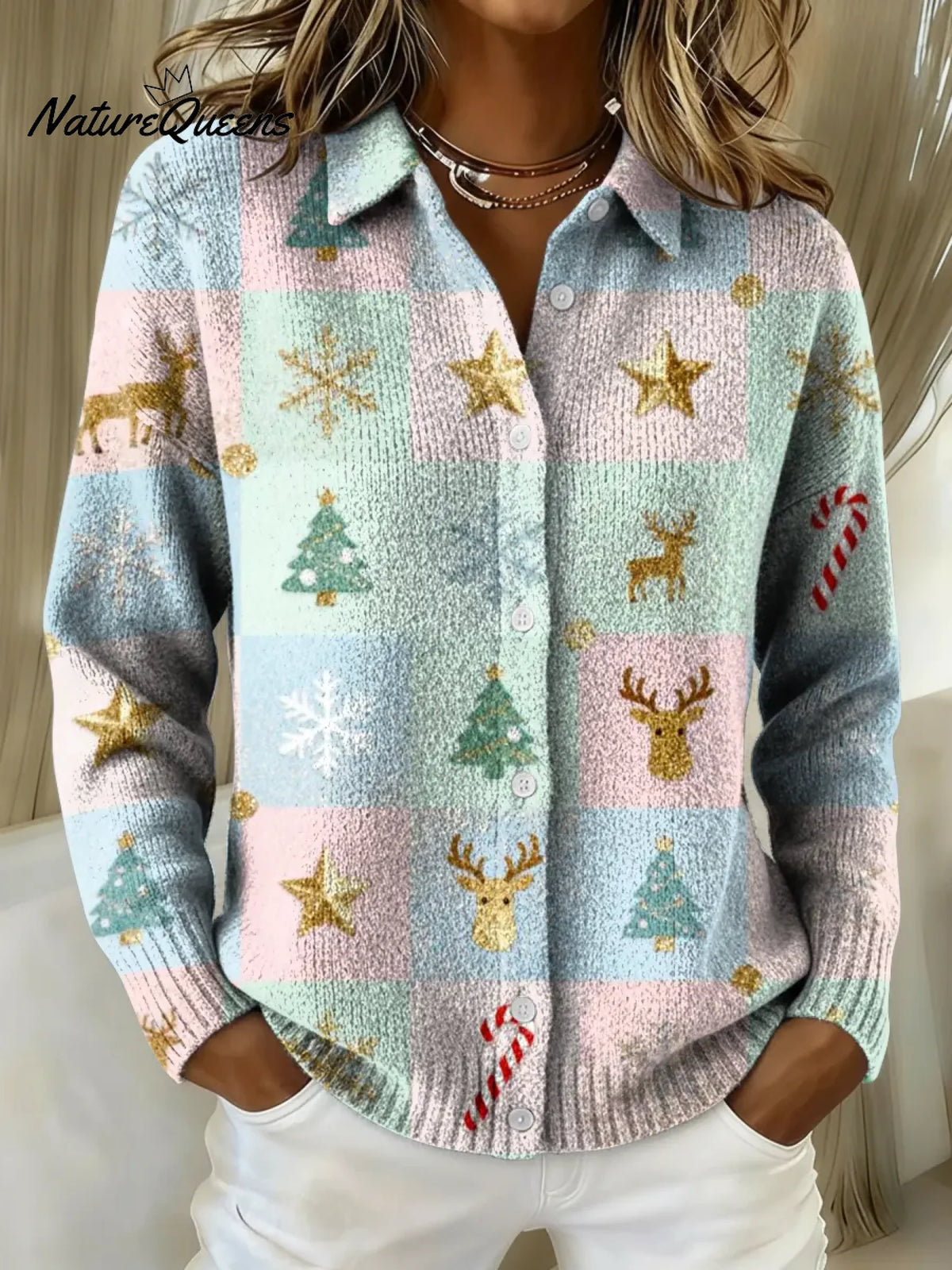 Women's Christmas Printed Collared Sweater