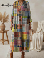 Women's Retro Patchwork Pattern V-neck Knit Dress