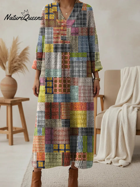 Women's Retro Patchwork Pattern V-neck Knit Dress