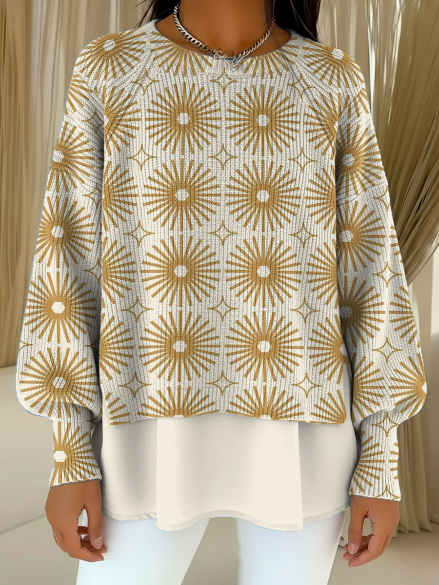 Geometric Lines And Circular Decorative Patterns Women's Casual Round Collar Long Sleeve Sweater