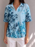 Artistic Watercolor-effect Floral Print Polo Collar Cotton-linen Shirt Top
