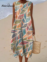 Women's Vintage Leaves Pattern Art Print Casual Cotton Denim Dress