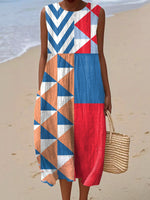 Women's Vintage Geometry Art Print Sleeveless Cotton Pocket Wrap Dress