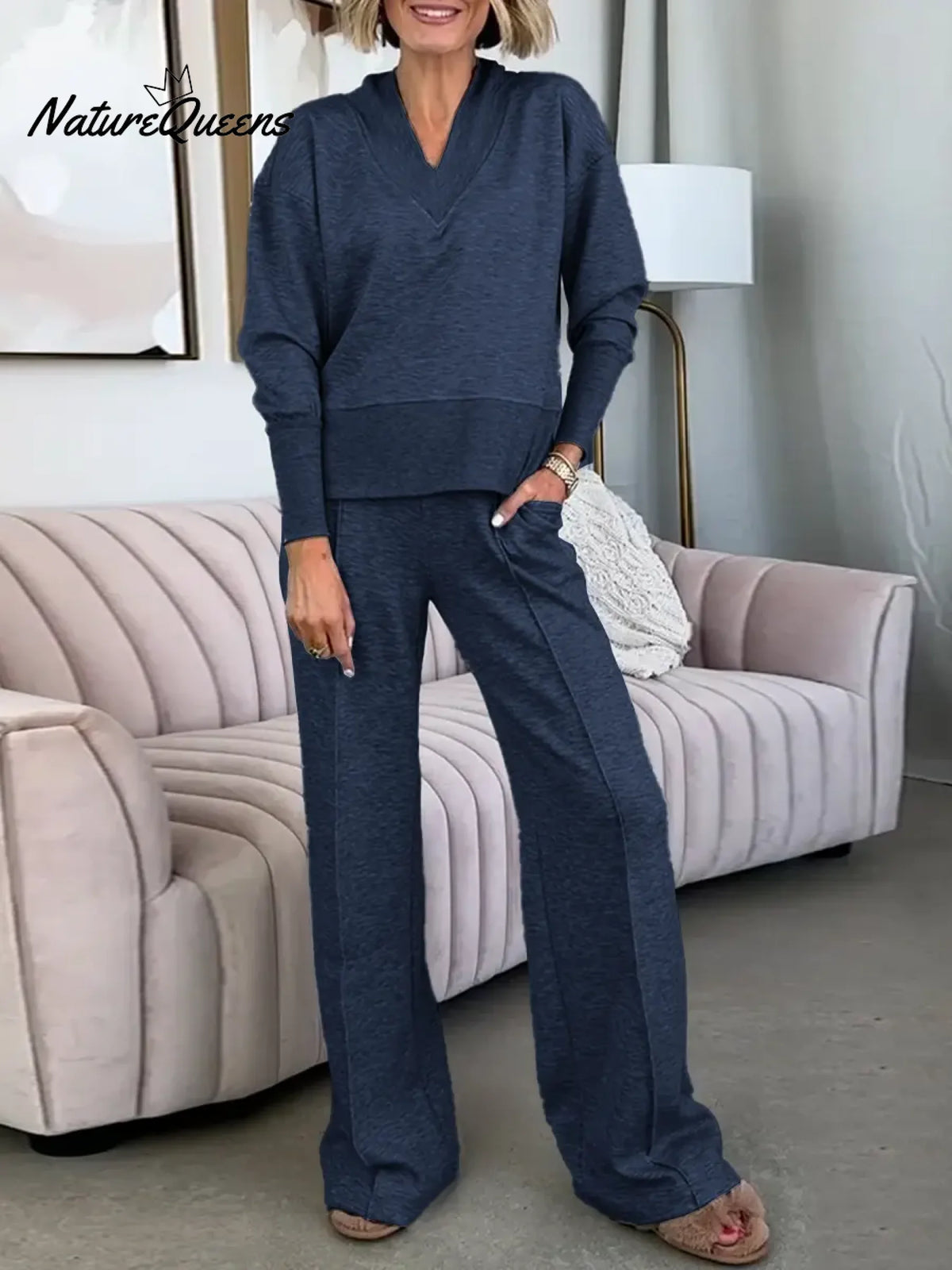 Women's Solid Color V-Neck Long Sleeve Casual Loose Sweatshirt High Waist Casual Loose Wide Leg Set