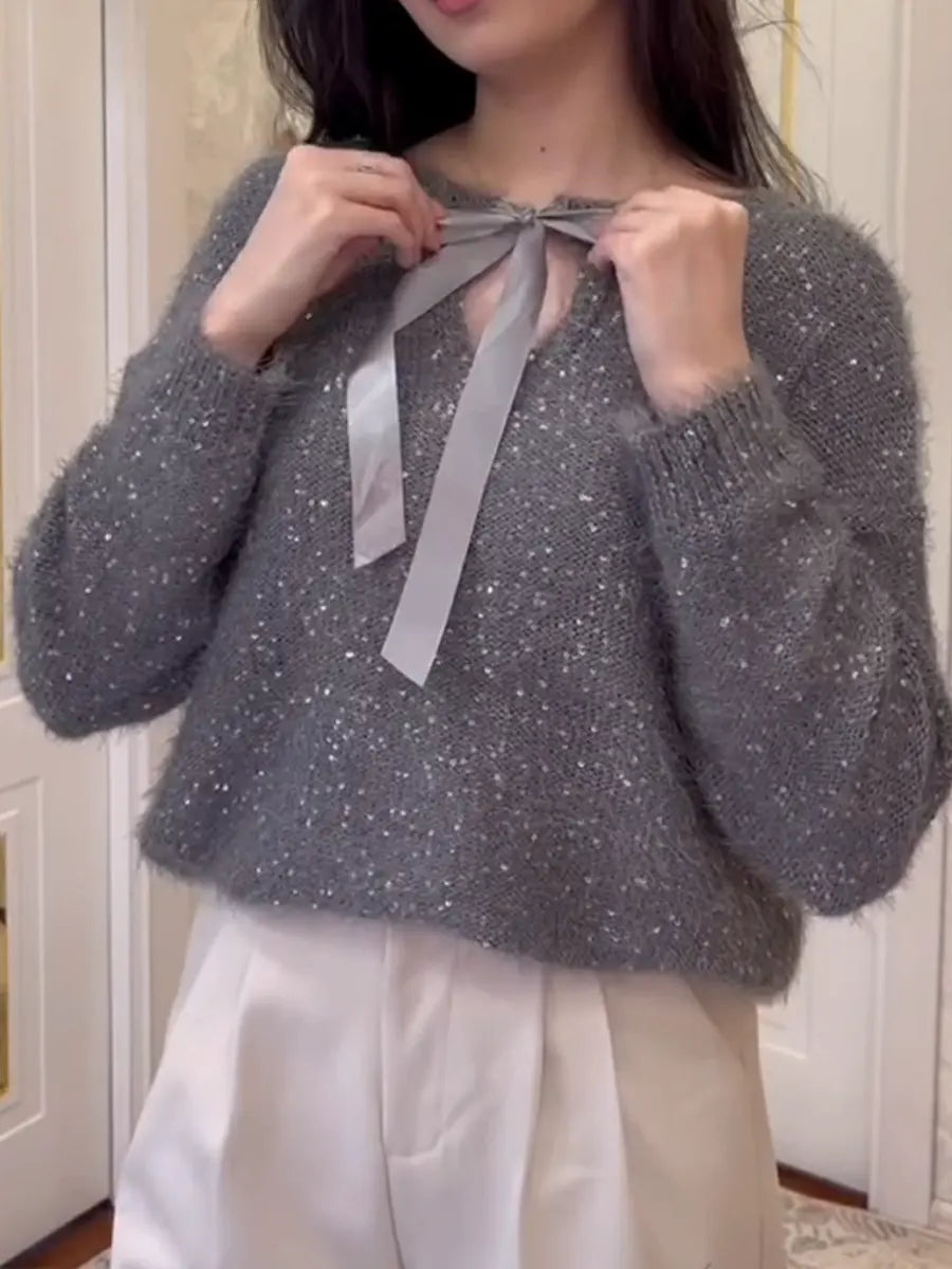Women's Sparkling Tie-front Pullover Sweater