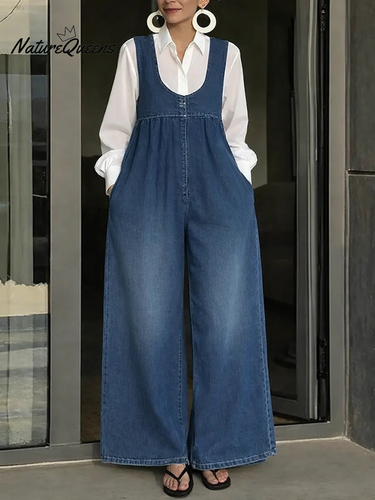 Women's U-neck Simple Sleeveless Casual Loose Denim Wide-leg Jumpsuit