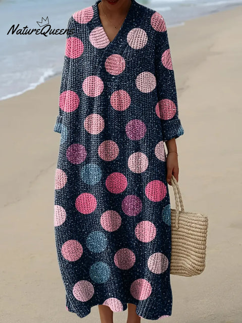 Cute Polka Dots Print Knitted V-neck Dress