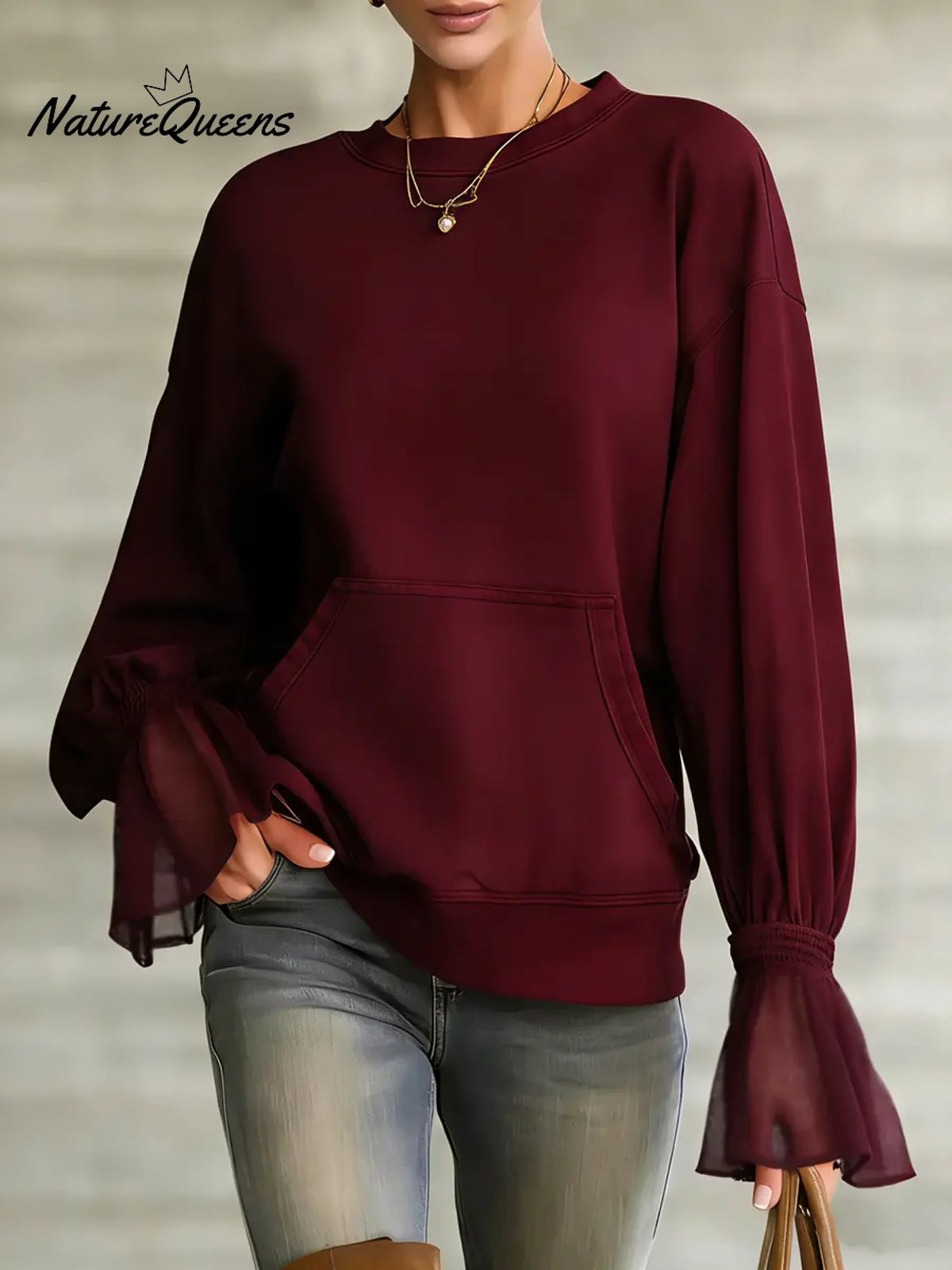 Women's Solid Color Round Neck Long-sleeved Casual Loose Sweatshirt With Mesh Paneling.