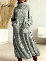 Women's Vintage Flower Pattern Art Print Casual Cotton Knitted Dress