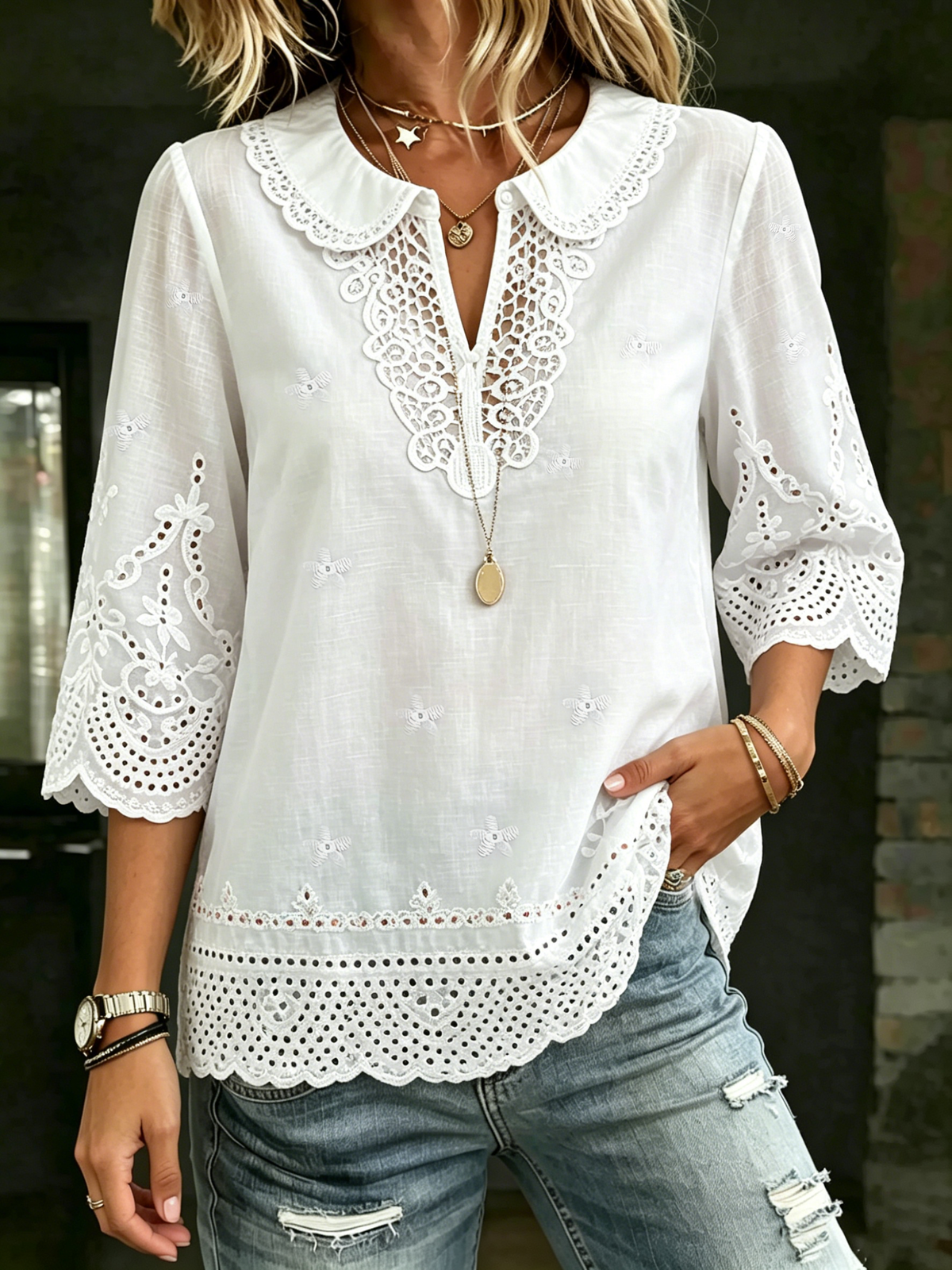 Women's White Eyelet Embroidery Notched V Neck Scalloped Hem Boho Top