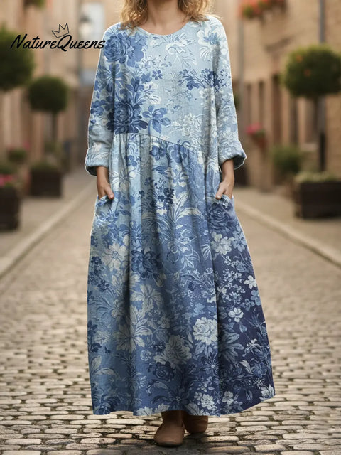 Women's Blue Artistic Gradient Flowers Print Pocket Cotton Dress