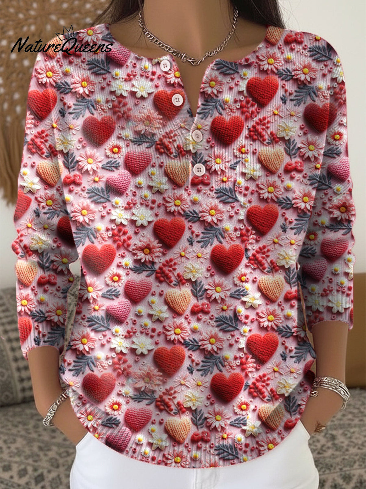 Women's Retro Plaid Heart Art Print Valentine's Day Casual Sweater