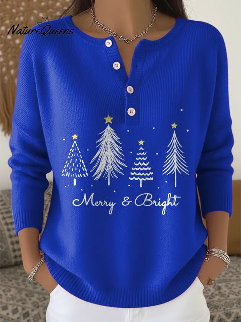 Women's Christmas Tree Pattern Art Print Buttoned Cardigan Sweater