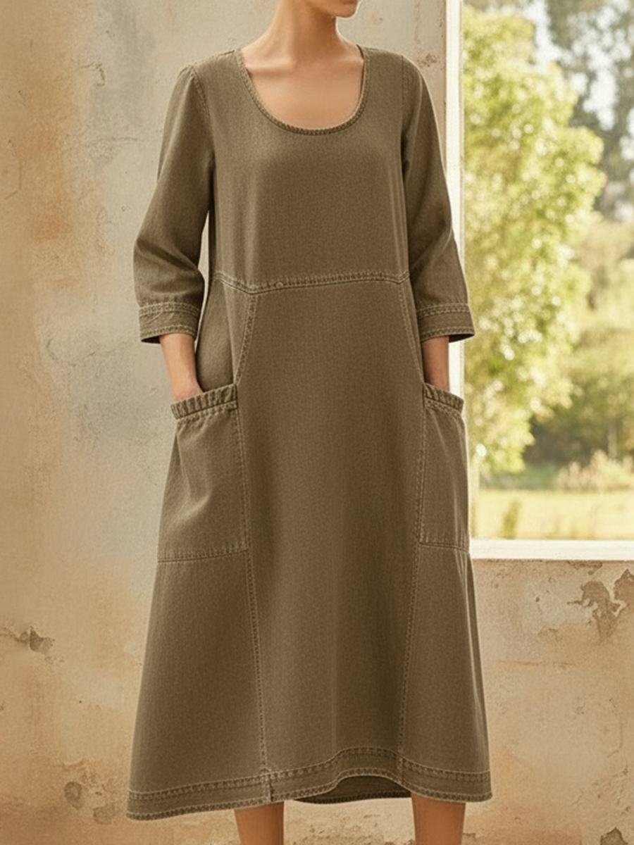 Casual U-neck Denim Cotton Dress
