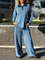 Women's Color-blocked Collared Long-sleeved Casual Loose Knit Top And High-waisted Color-blocked Wide-leg Trousers Set