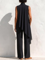 Women's Solid-color Sleeveless Chiffon Set: Stand-collar Loose Casual Top & High-waisted Wide-leg Pants