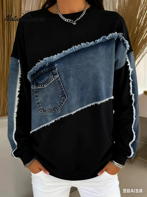 Women's Round Neck Long Sleeve Casual Loose Denim Patchwork Knit Top