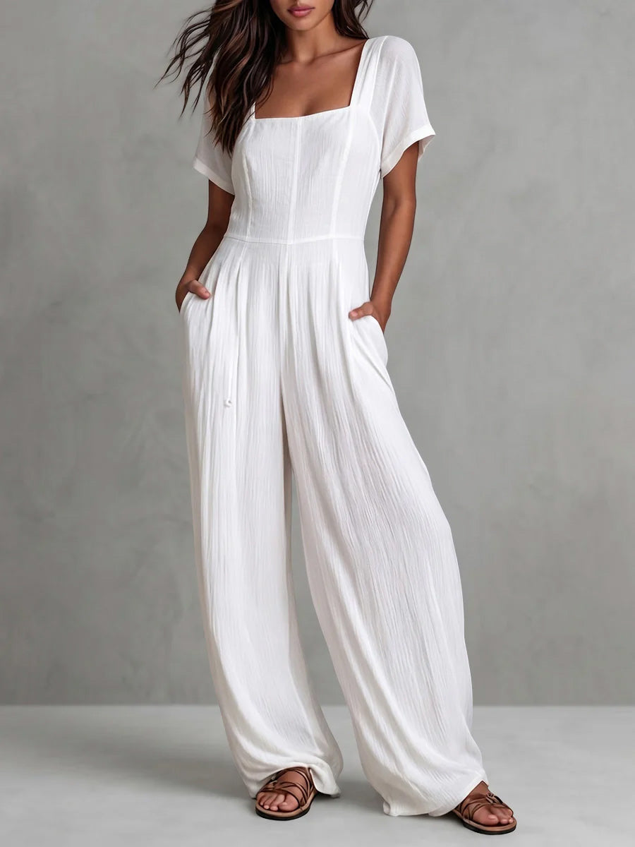 Women's Solid-color Square-neck Short-sleeve Casual Loose Cotton-linen Wide-leg Jumpsuit