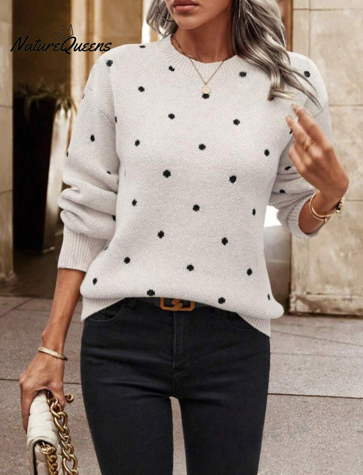 Women's Polka Dot Casual Round Neck Knit Long-sleeved Sweater