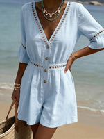 Cozy Cutout Lace Cotton-linen Short Romper Jumpsuit