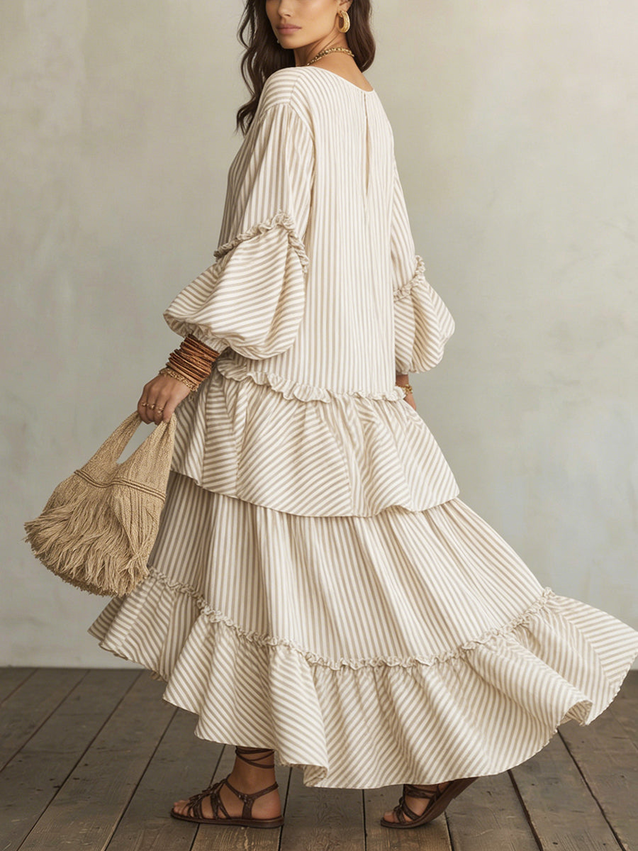 Retro Striped Print Tiered Ruffle Maxi Dress