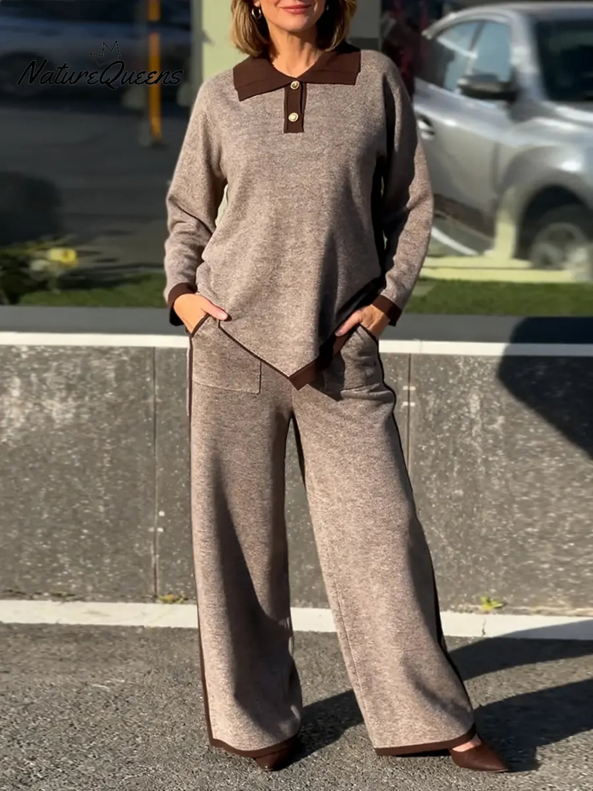 Women's Color-blocked Collared Long-sleeved Casual Loose Knit Top And High-waisted Color-blocked Wide-leg Trousers Set