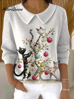 Women's Christmas Cat Print Casual Peter Pan Collar 3/4 Sleeve Sweater