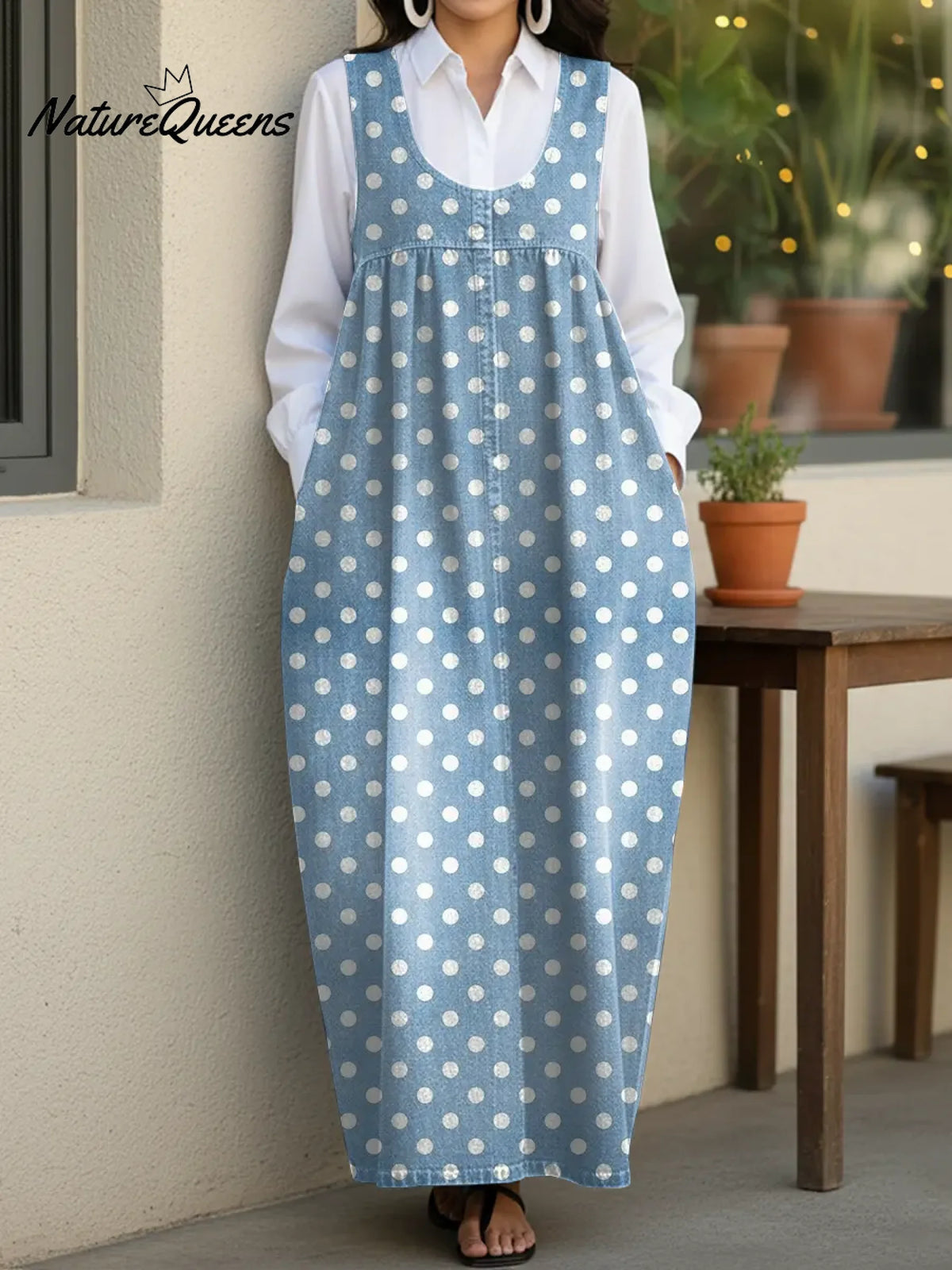 Women's Cute Polka Dots Casual Loose Denim Vest Dress