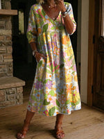 Women's Flower Print Casual Loose-fit Cotton-linen Dress With Lace Trim And Paneling