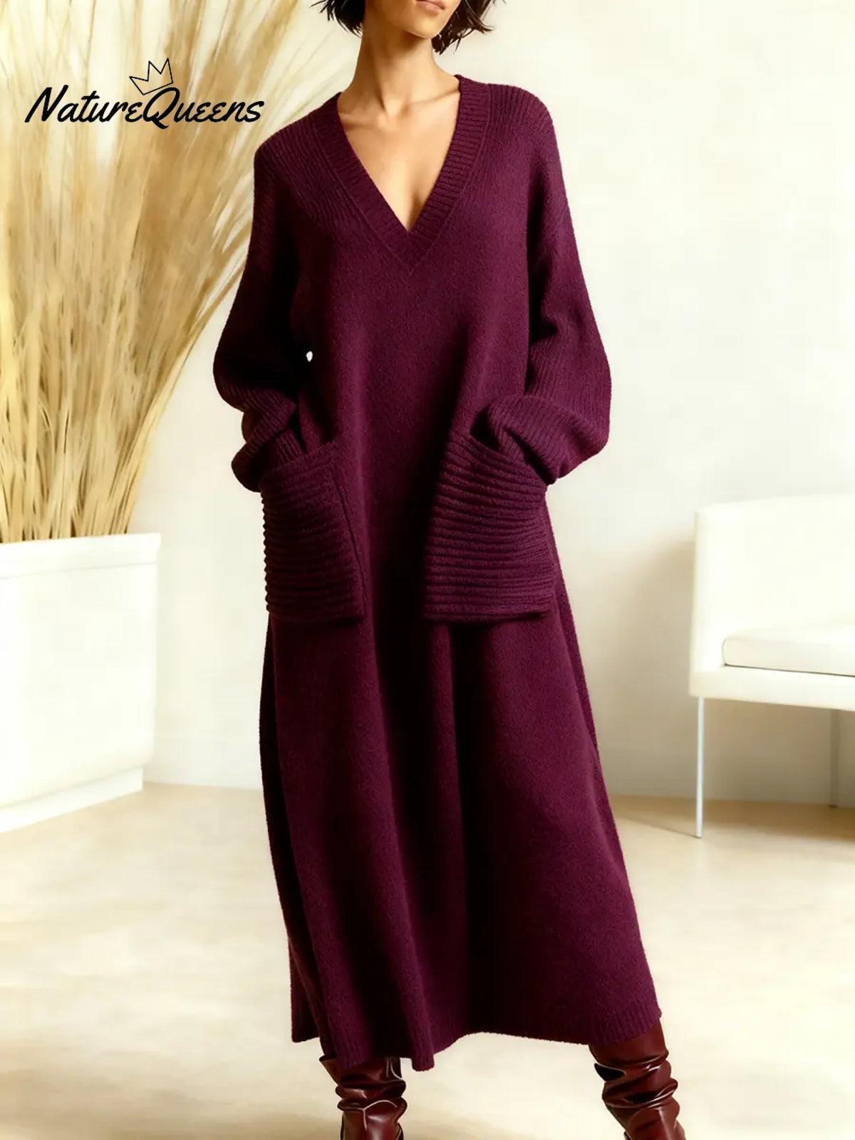 Women's Solid Color V-neck Long Sleeve Casual Pocket Loose Knit Dress