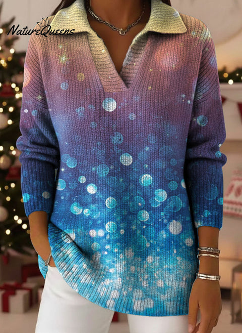 Color Gradient Tree Art Pattern Art Polo Collar Shiny Loose Sweater Top
