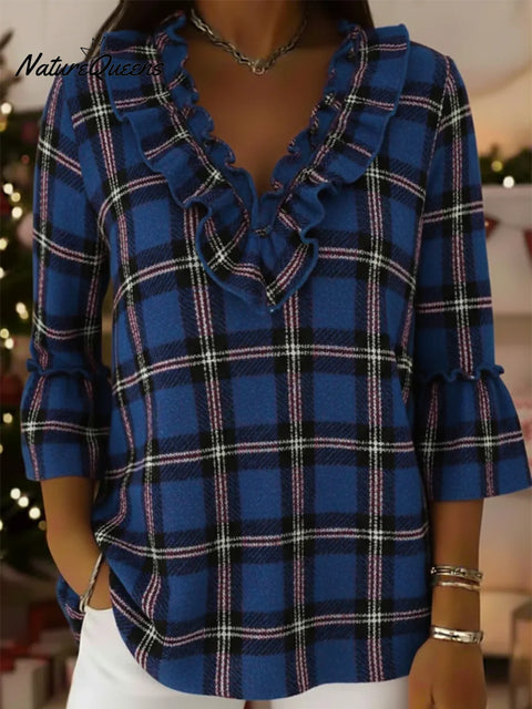 Christmas Retro Plaid V-neck Ruffled Pullover