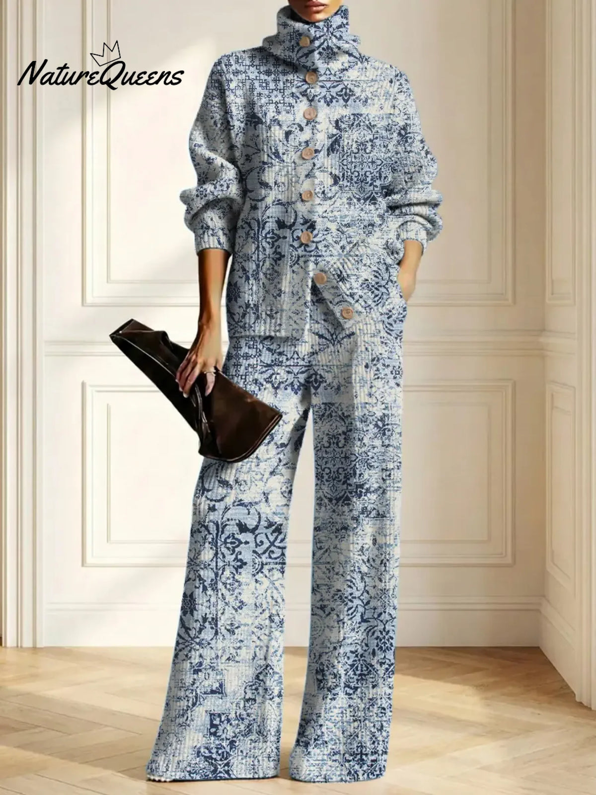 Women's Vintage Pattern Art Print Casual Cotton Knitted Suits