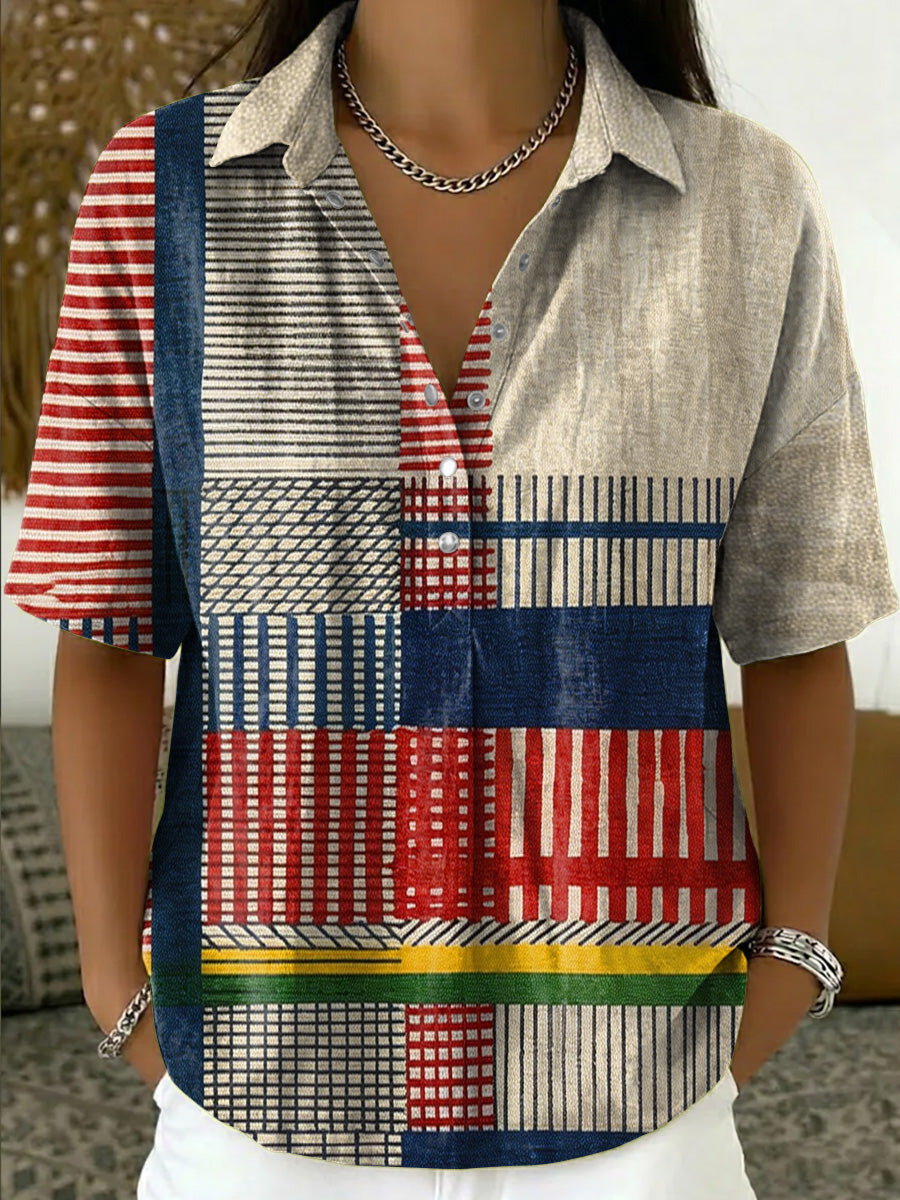 Women's Color-block Loose-fit Casual Cotton-linen Short-sleeve Popover Shirt