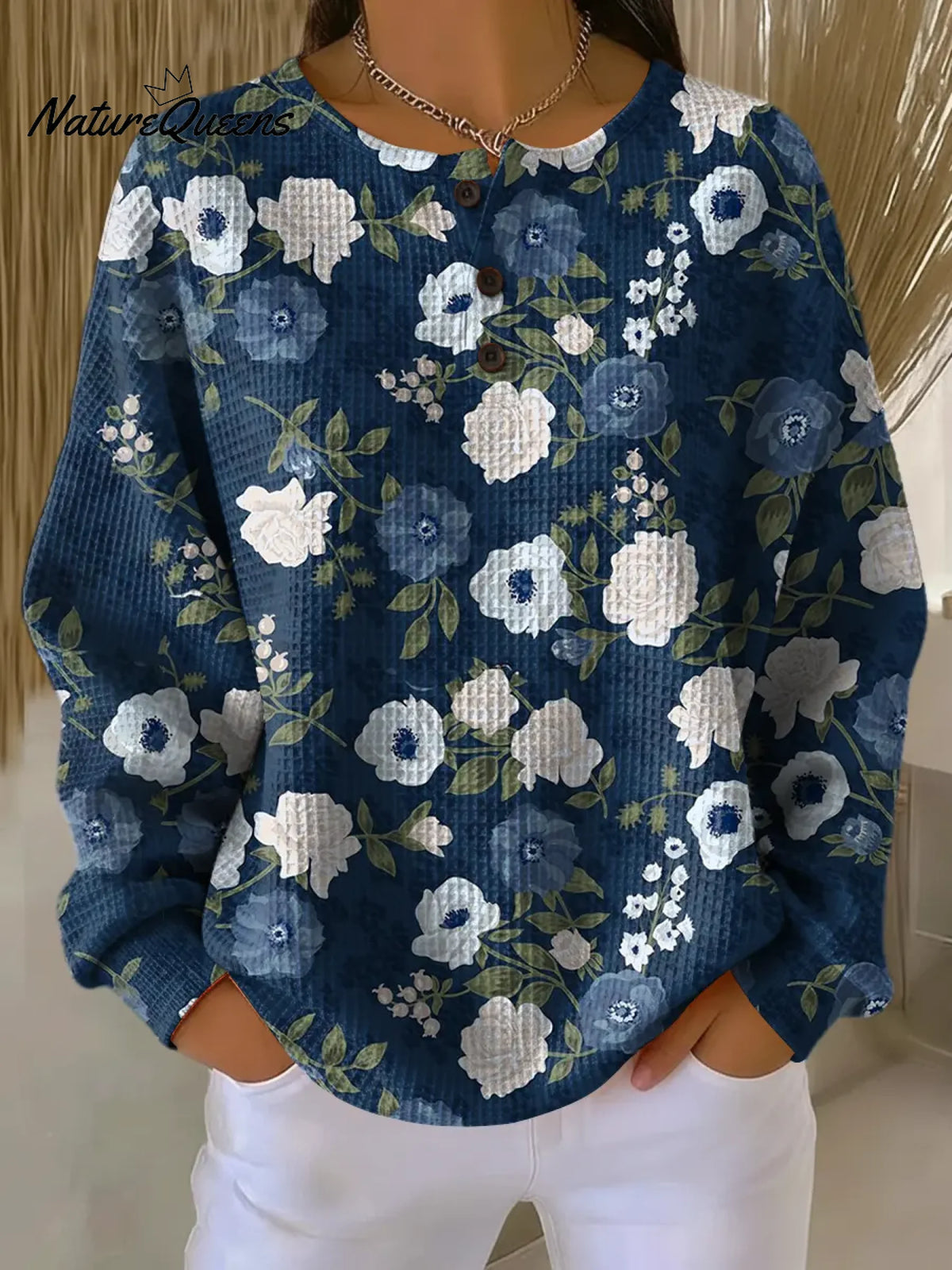 Women's Vintage Flower Pattern Art Print Casual Waffle Sweatshirt