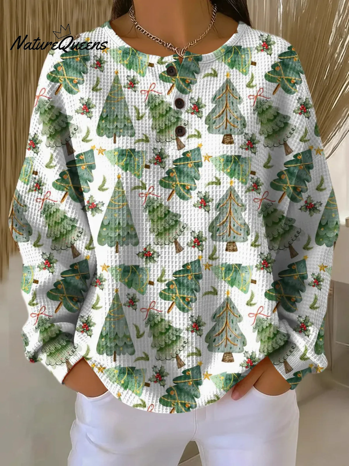 Women's Cute Christmas Tree Print Casual Cotton Shirt