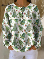 Women's Cute Christmas Tree Print Casual Cotton Shirt