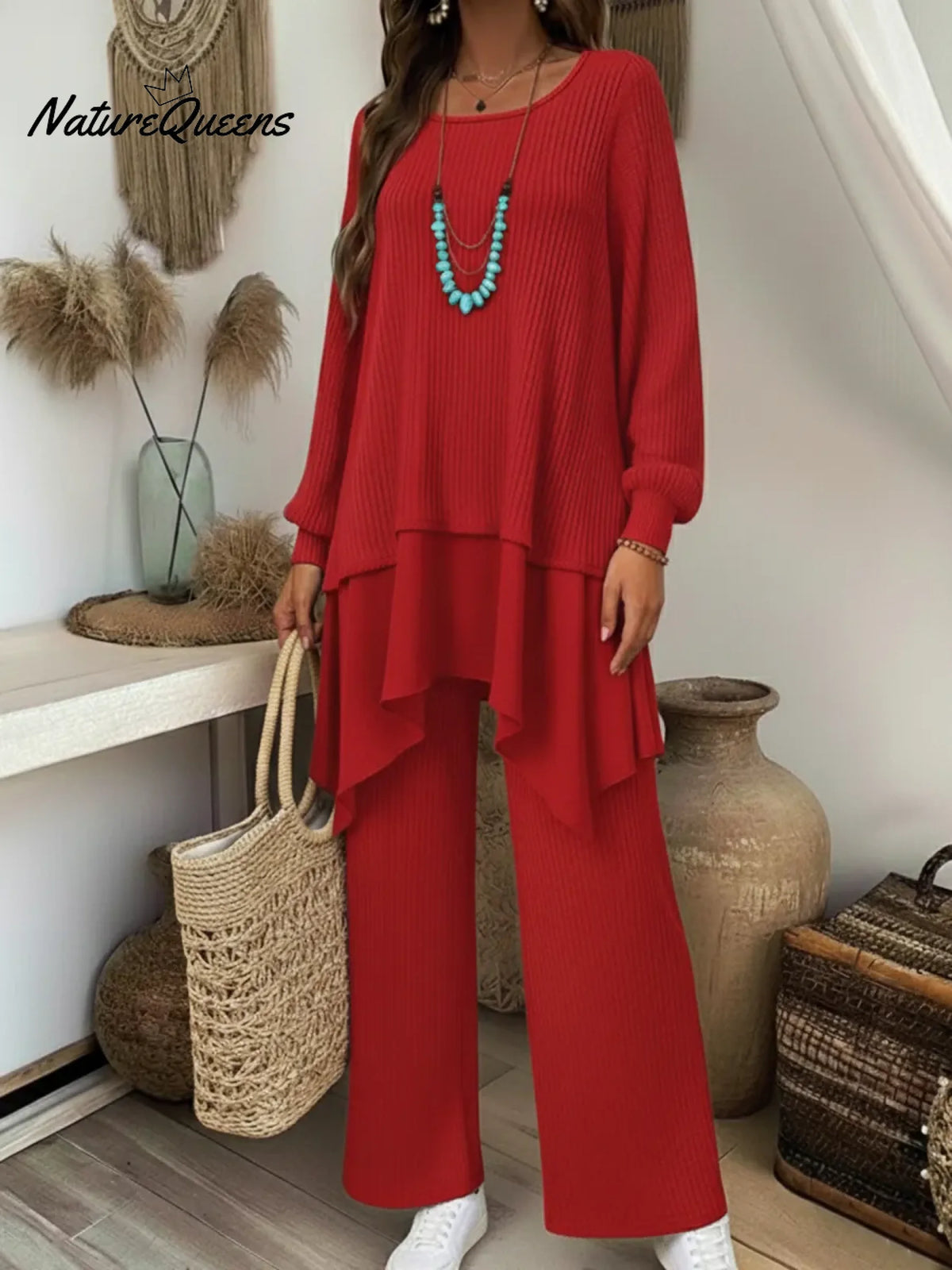 Cozy Travel Outing Knitted Patchwork Top And Pants Two-piece Set