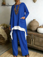 Women's Casual Asymmetrical Hem Cotton Top And Pants Two-piece Set