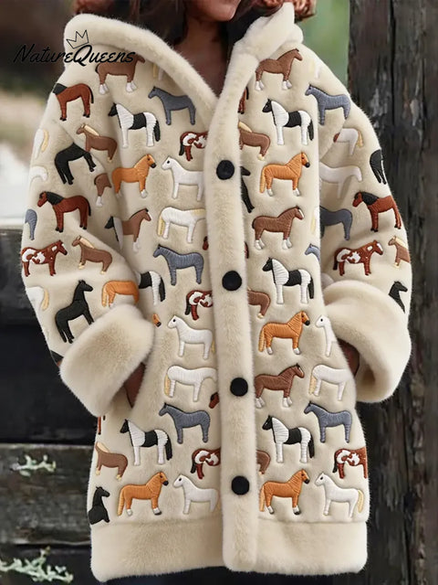 Women's Funny Horse Pattern Art Print Casual Fleece Coat