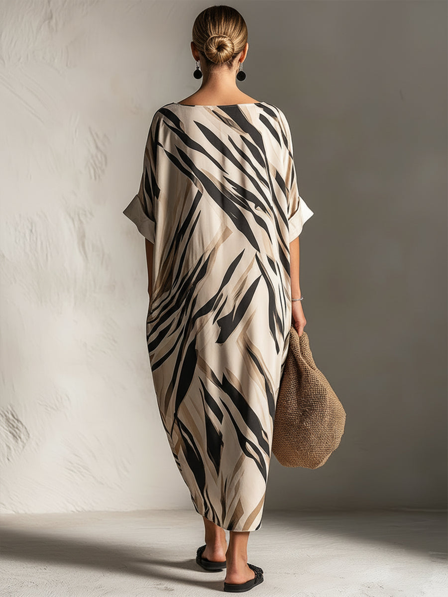 Abstract Stripe Boat Neck Loungewear Dress