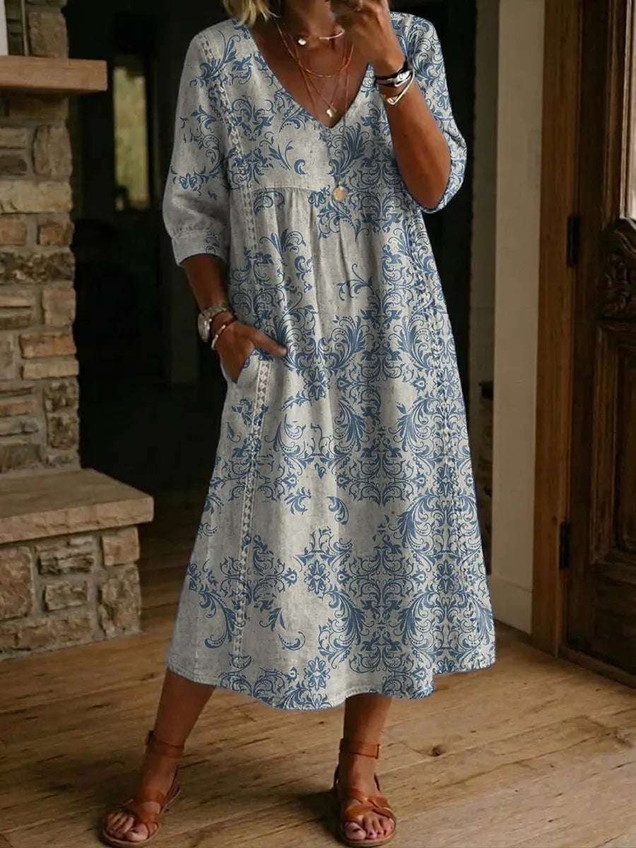 Women's Retro Pattern Print Cotton-linen Dress