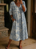 Women's Retro Pattern Print Cotton-linen Dress