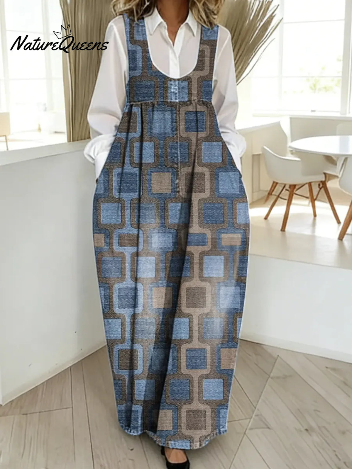 Women's Vintage Geometry Pattern Art Print Casual Cotton Denim Dress