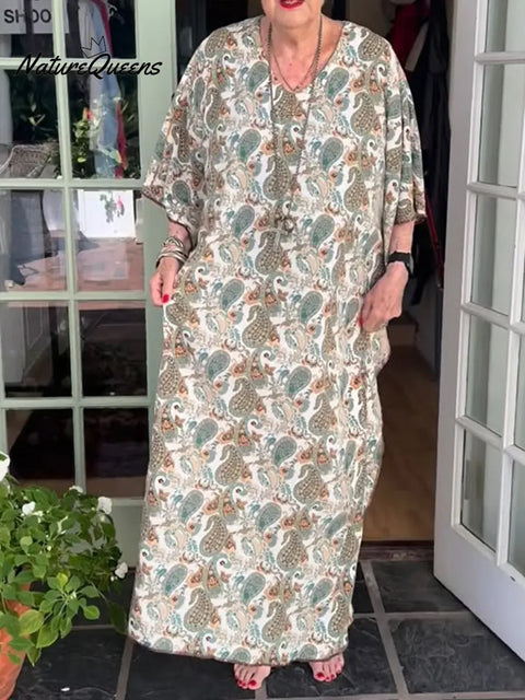 Women's Paisley Print V-Neck Three-Quarter Sleeve Casual Loose Cotton Dress