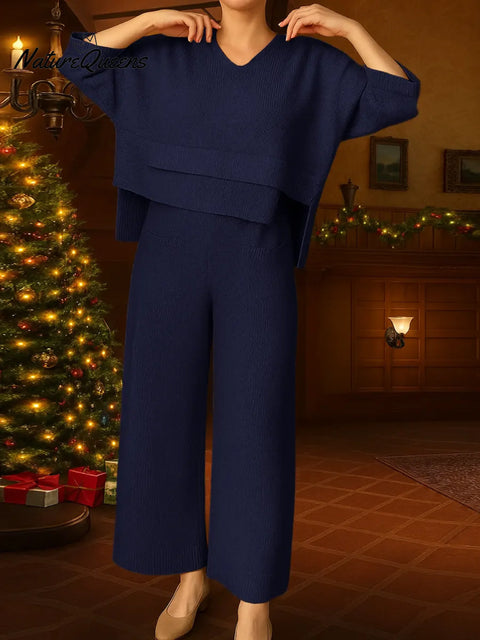 Women's Solid Color V-Neck Three-Quarter Sleeve Casual Loose Knit Top and High-Waisted Knit Wide-Leg Pants Set