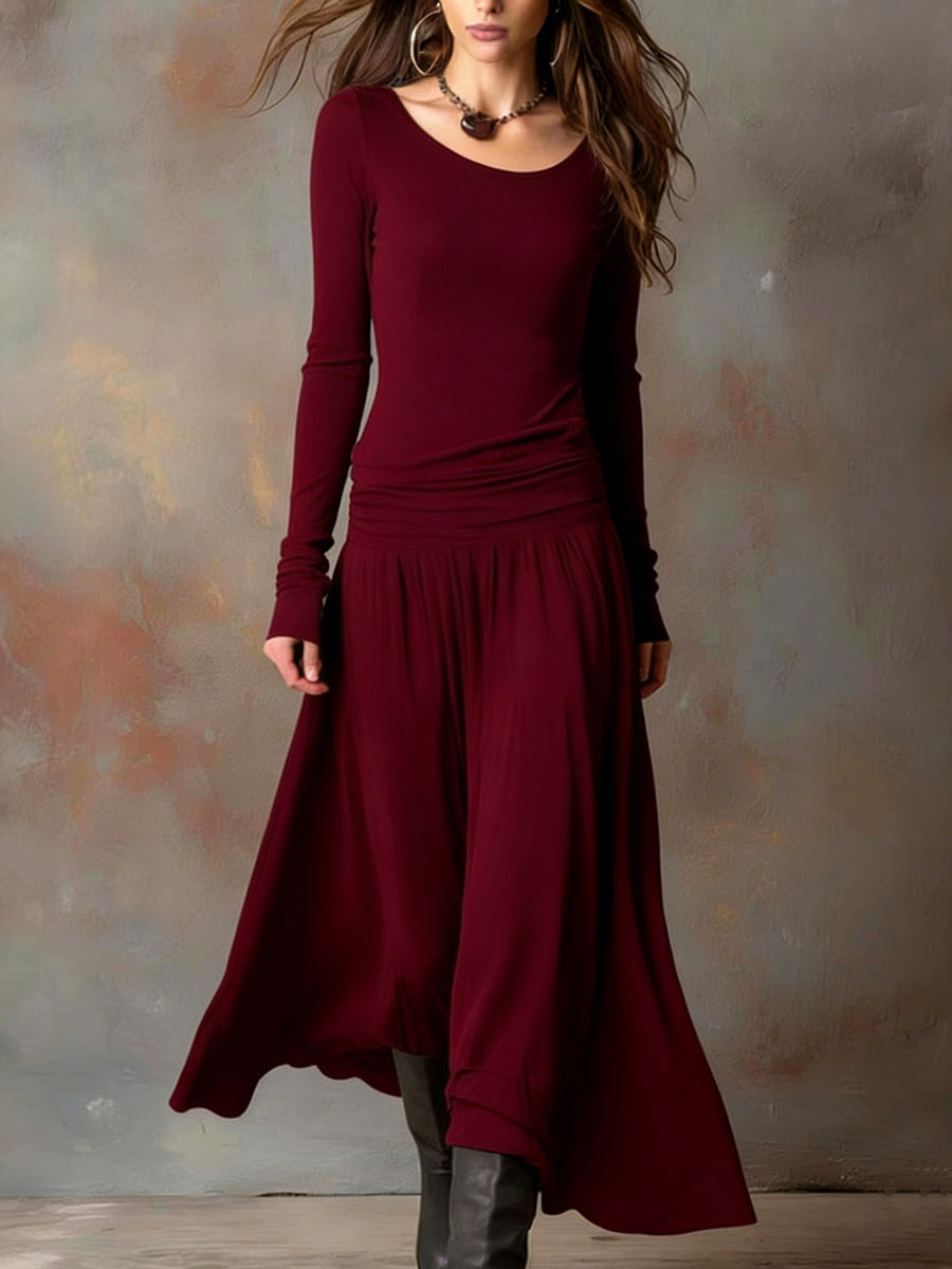 Women's Round Neck Long Sleeve Casual Loose Cotton Linen Long Dress Set